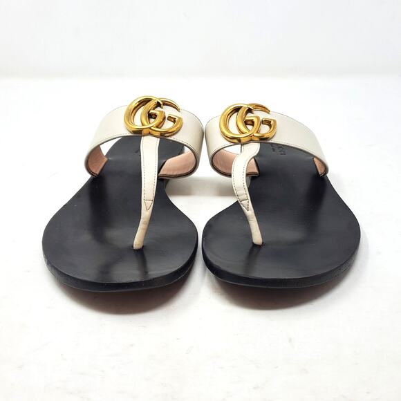 Gucci GG Marmont Thong Flat Sandal Double G In White Gold Leather Size 37 US 7 - Picture 6 of 11